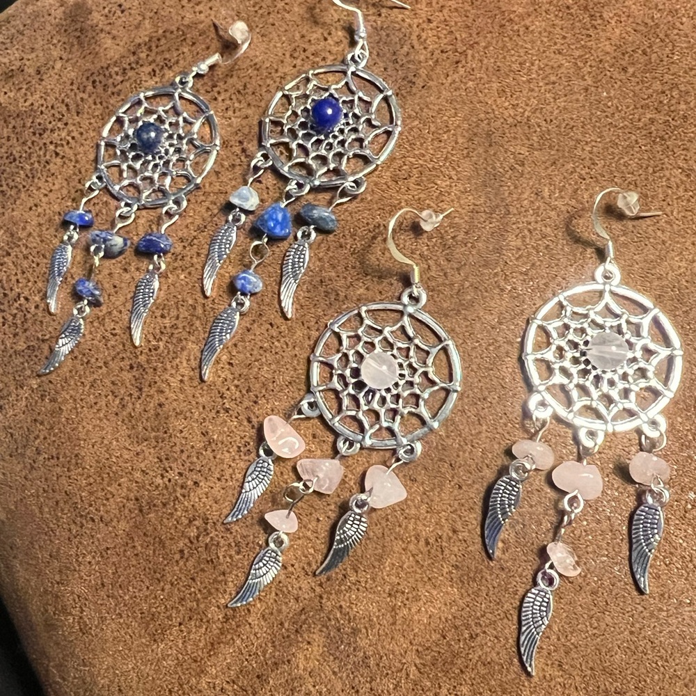 Silver Dreamcatcher Earrings with Blue and Pink Accents E37 set of 2
